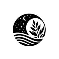 Natures night bloom minimalist illustration, moon and plant vector