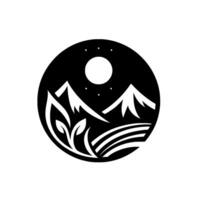 Minimalist nature mountains, moon, and plants in a circle vector