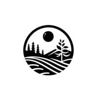 Minimalist circular nature trees, hills, and sun vector