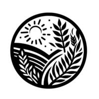 Minimalist farm scene silhouette in a circle, black and white vector