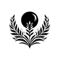 Floral crest with crescent moon minimalist black and white vector