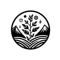 Minimalist nature emblem mountain, tree, and floral elements in a circle vector