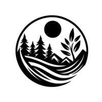 Circular nature trees, mountains, sun, and leaves, black and white vector
