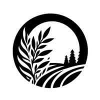 Black and white nature tree, fields, and trees in a circle vector