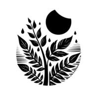 Black and white nature tree, rain moon in circle vector