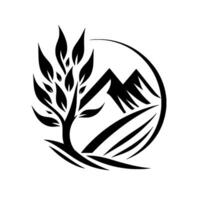 Minimalist nature tree, mountains, and fields in black white vector