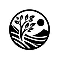 Minimalist Tree, Field, and Mountain in Circle Black and White vector