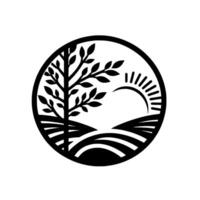 Minimalist Landscape Silhouette Tree, Sun, Fields in Circle vector