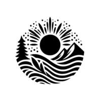 Black and White Nature Sun, Mountains, and Forest vector
