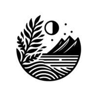 Minimalist Nature Scene Moon, Mountains, Foliage in a Circle vector