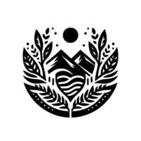 Nature Emblem Minimalist Mountain Leaf in Black and White vector