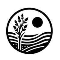 Minimalist Farm Landscape in Circle Tree, Fields, and Sun vector