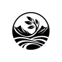 Nature Black White Circle with Tree, Mountains Waves vector