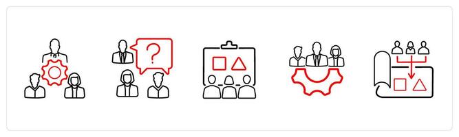 A set of 5 business icons such as strategy, plan, planning in red line color vector