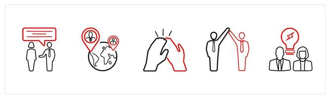 A set of 5 business icons such as communication, international team in red line color vector