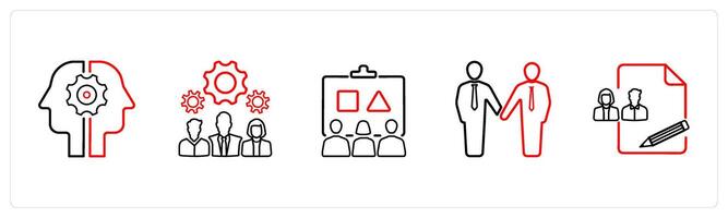 A set of 5 business icons such as collaboration, teamwork in red line color vector