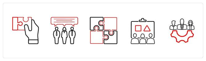 A set of 5 business icons such as puzzle, communication in red line color vector