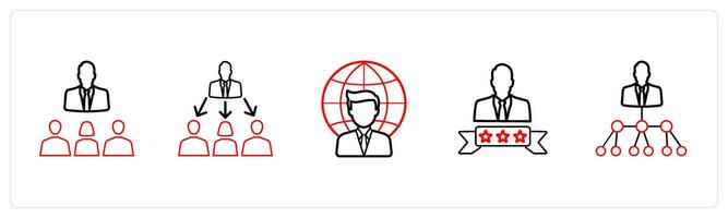 A set of 5 business icons such as group meeting, trainer in red line color vector
