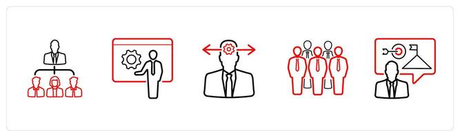 A set of 5 business icons such as leadership, mentor, business direction in red line color vector