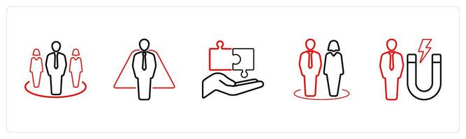A set of 5 business icons such as team, leader, management in red line color vector