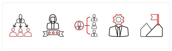 A set of 5 business icons such as trainer, winner, mission in red line color vector