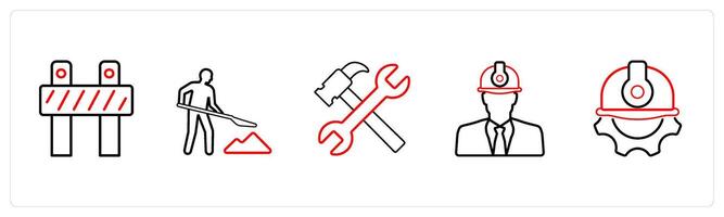 A set of 5 under maintenance icons such as under maintenance, work in progress in red line color vector