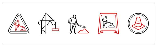 A set of 5 under maintenance icons such as under maintenance, crane in red line color vector