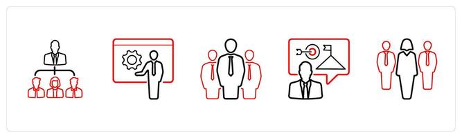 A set of 5 business icons such as leadership, mentor, businessman in red line color vector