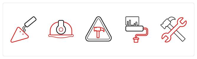 A set of 5 under maintenance icons such as hand tools, construction cap in red line color vector