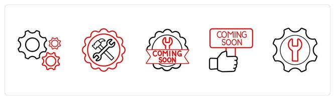 A set of 5 under maintenance icons such as settings, hand tools, gear in red line color vector