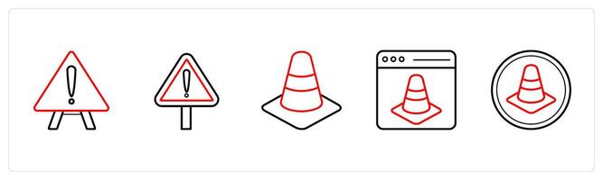 A set of 5 under maintenance icons such as alert notice, alert, warning in red line color vector
