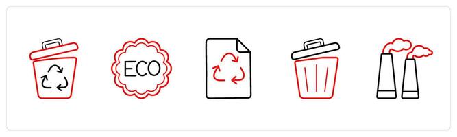 A set of 5 weather icons such as recycle bin, eco in red line color vector