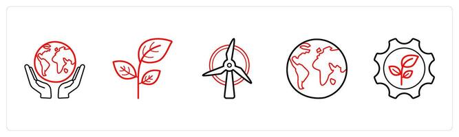 A set of 5 weather icons such as save earth, leaf, eco in red line color vector