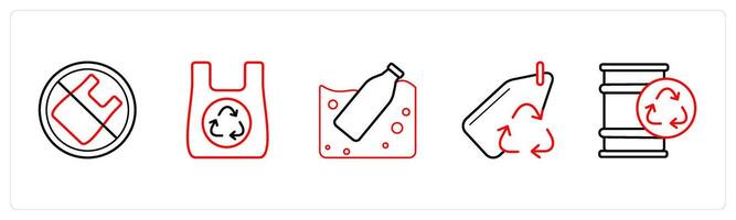 A set of 5 weather icons such as plastic prohibited, recycled bag in red line color vector