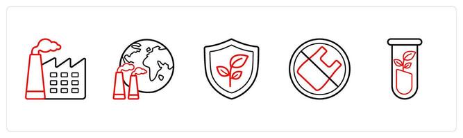 A set of 5 weather icons such as factory pollution, factory in red line color vector