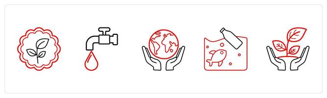 A set of 5 weather icons such as environment, save water in red line color vector
