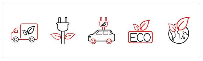 A set of 5 weather icons such as eco van, eco power in red line color vector