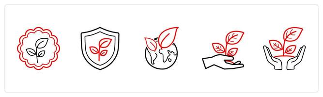 A set of 5 weather icons such as environment, protect environment in red line color vector