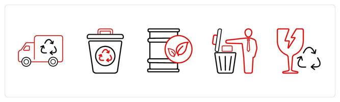 A set of 5 weather icons such as garbage van, bin in red line color vector
