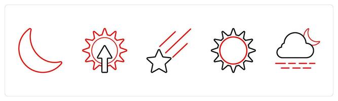 A set of 5 weather icons such as half moon, sunrise in red line color vector