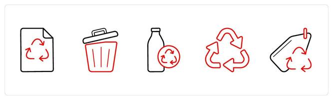 A set of 5 weather icons such as recycle paper, recycle bin in red line color vector