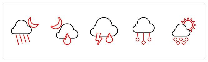 A set of 5 weather icons such as night rain, rain, day in red line color vector