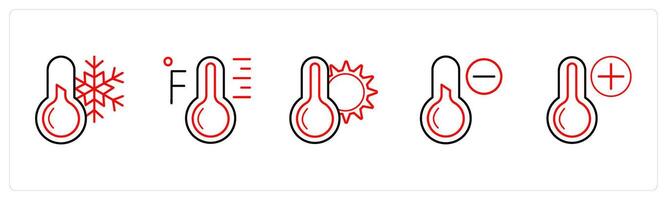A set of 5 weather icons such as thermometer, fahrenheit in red line color vector