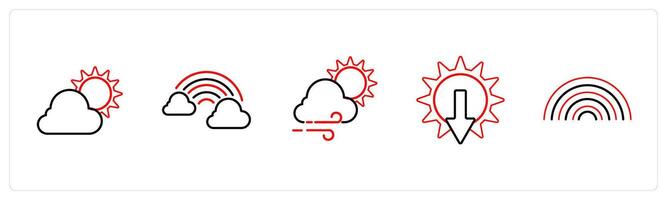 A set of 5 weather icons such as cloudy day, cloud rainbow in red line color vector