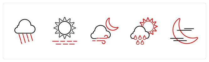 A set of 5 weather icons such as rainy cloud, morning in red line color vector