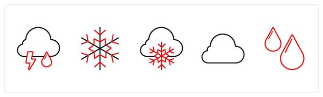 A set of 5 weather icons such as rain, winter, snow, cloud in red line color vector