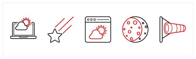A set of 5 weather icons such as weather forecast, falling star in red line color vector