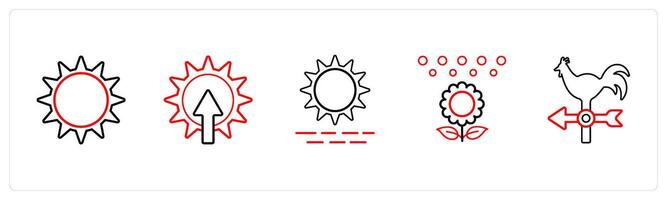 A set of 5 weather icons such as sunny day, sunrise in red line color vector