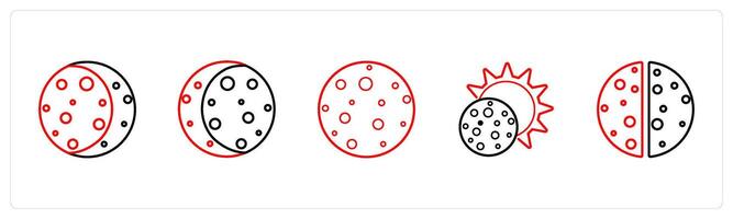 A set of 5 weather icons such as solar eclipse, lunar eclipse in red line color vector