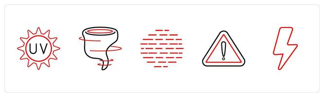 A set of 5 weather icons such as uv rays, hurricane, foggy in red line color vector